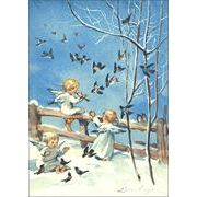 ポストカード アート クリスマス ケーガー「音楽を奏でる3人の天使と小鳥たち」名画 郵便はがき