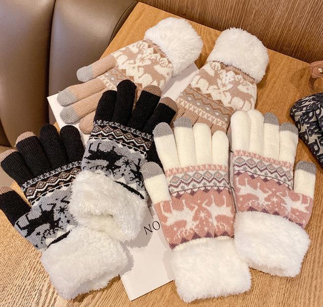 秋冬 クリスマス 韓国風ニット手袋  レディース手袋 厚手 冬用グローブ  裹起毛 ファッションふわふわ5色