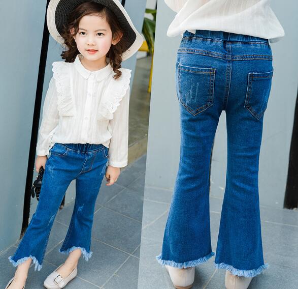 キッズパンツ　ジーンズ　韓国風　デニムパンツ　女の子　ロング丈　ズボン　裾フリンジ　100-150