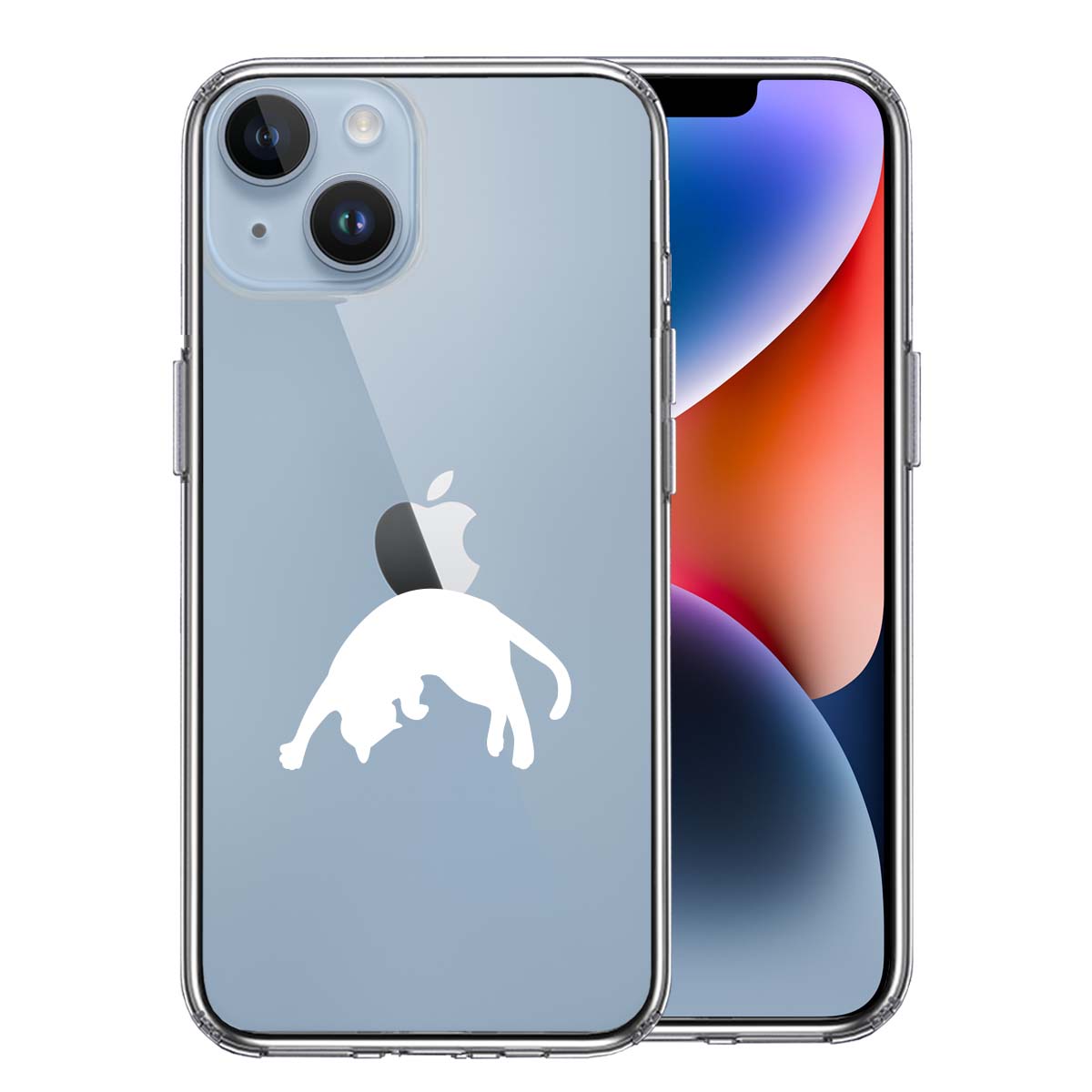 iPhone 14 Plus 側面ソフト 背面ハード ハイブリッド クリア ケース ねこ 猫 リンゴを乗せてみる  ホワイト