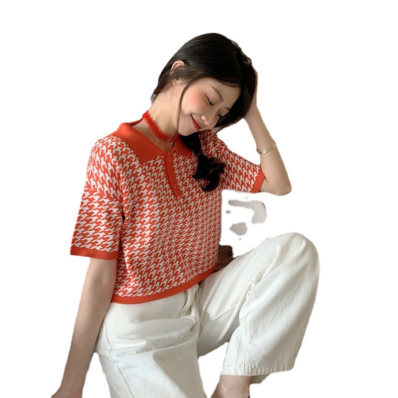 Tシャツ女性2023年新作夏の韓国デザイン感ポロ襟ショートニット半袖ゆったりトップス