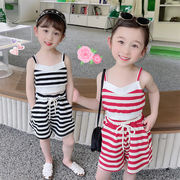 ボーダーセット子供服  女の子  韓国ファッション   2点セット キャミソール+パンツ   カジュアル  普段着