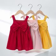女の子 韓国子供服  ワンピース リボンストラップスカート 夏  純色  コーデュロイ