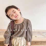 2023秋新品   韓国風子供服  ベビー服   長袖   Tシャツ   チェック トップス   かわいい  2色