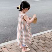 ins夏人気   韓国風子供服  キッズ服    袖なし  ボーダー   チョッキスカート   ワンピース   女の子