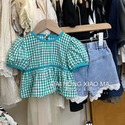 夏新作  韓国風子供服  ベビー服  女の子  半袖  Tシャツ  トップス+ショートパンツ  デニム  セットアップ