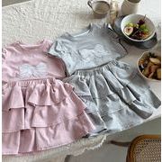 2024 夏 韓国風子供服  キッズ服   Tシャツ  トップス+スカート  セットアップ  リボン結び 2色