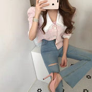 2023夏INS新作★半袖シャツ コート  レース飾り折り襟 気質 韓国系 エレガント