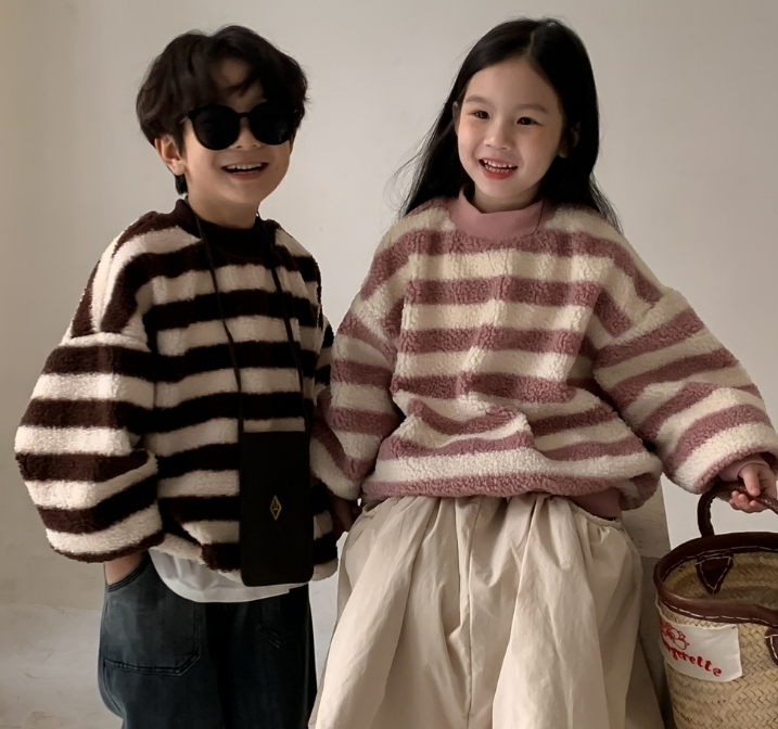 秋冬新作   韓国風子供服  パーカー  トップス  もふもふ  トレーナー  スウェット  ボーダー柄   2色