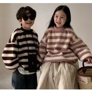 秋冬新作   韓国風子供服  パーカー  トップス  もふもふ  トレーナー  スウェット  ボーダー柄   2色