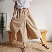 素敵な商品 文芸範 伸縮性のあるウエスト リネンのスカート 綿麻 スプリット シンプル キュロット