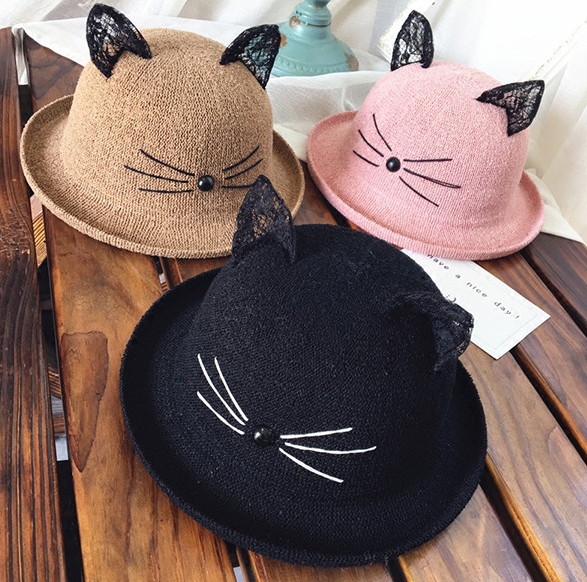 ins 夏新作 韓国風  帽子 子供用  猫  シルクハット   紫外線対策   日除け帽子 レース 可愛い   6色