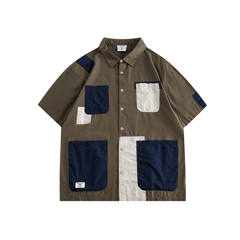 P15101男ワイシャツ 2023新作 トッブス   パッチワーク　  半袖ファッション　　ポケット　ダブルカラー