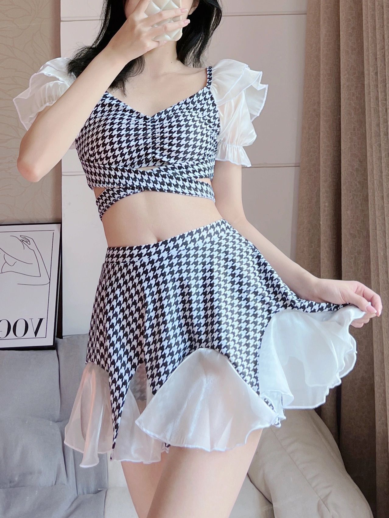 千鳥柄クロス水着 ふわふわ袖付き フレアスカート セパレート