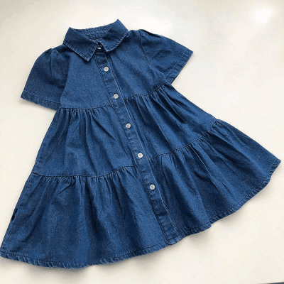 夏ガールズ 親子子供服 シフトドレス  ハーフスリーブ ワンピース プリーツスカート デニム ワンピ110-170