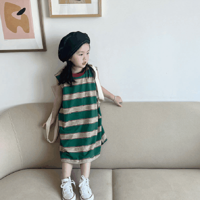 夏 韓国風子供服 ガール ボーダー柄 ゆったり ノースリープ シフトドレス ワンピース ワンピ 5-13