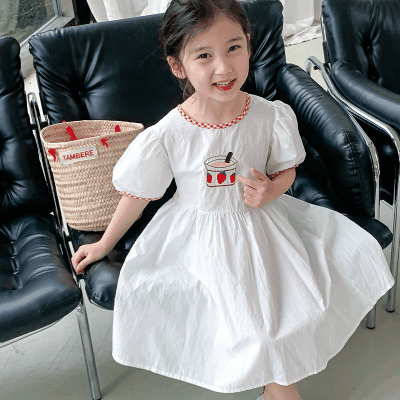 夏 韓国風子供服 ガール イチゴ ゆったり パフスリープ シフトドレス ワンピース ワンピ 7-15