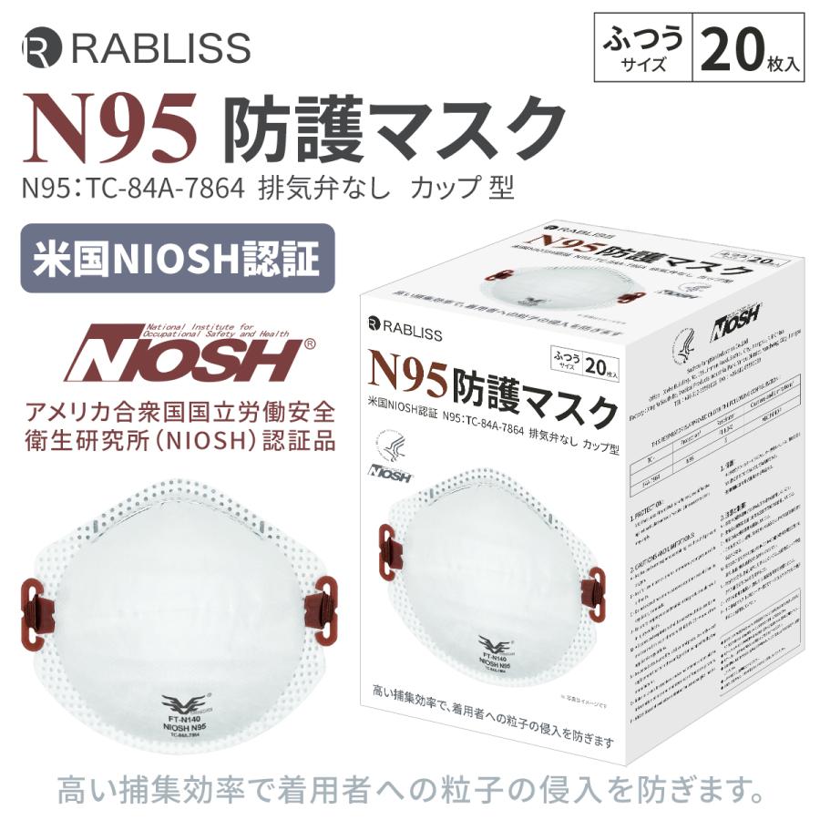 米国NIOSH認証★RABLISS  KO313　N95 マスク カップ型 20枚入 個包装