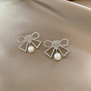 925 銀針 ファッション リボンイヤリング 真珠のイヤリング ラインストーン イヤリング アクセサリー