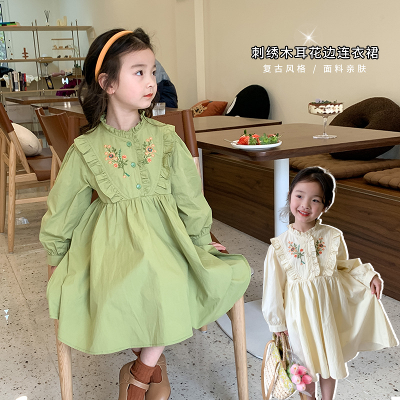 2023年春秋の新韓国版子供服 女の子のフリル長袖ドレスレトロコットンプリンセスドレス