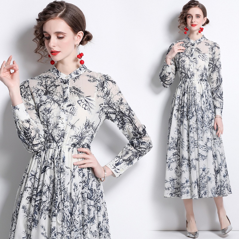 2022春秋の新作レトロファッション花柄ロングスカート エレガントなロングスリーブウエストドレス
