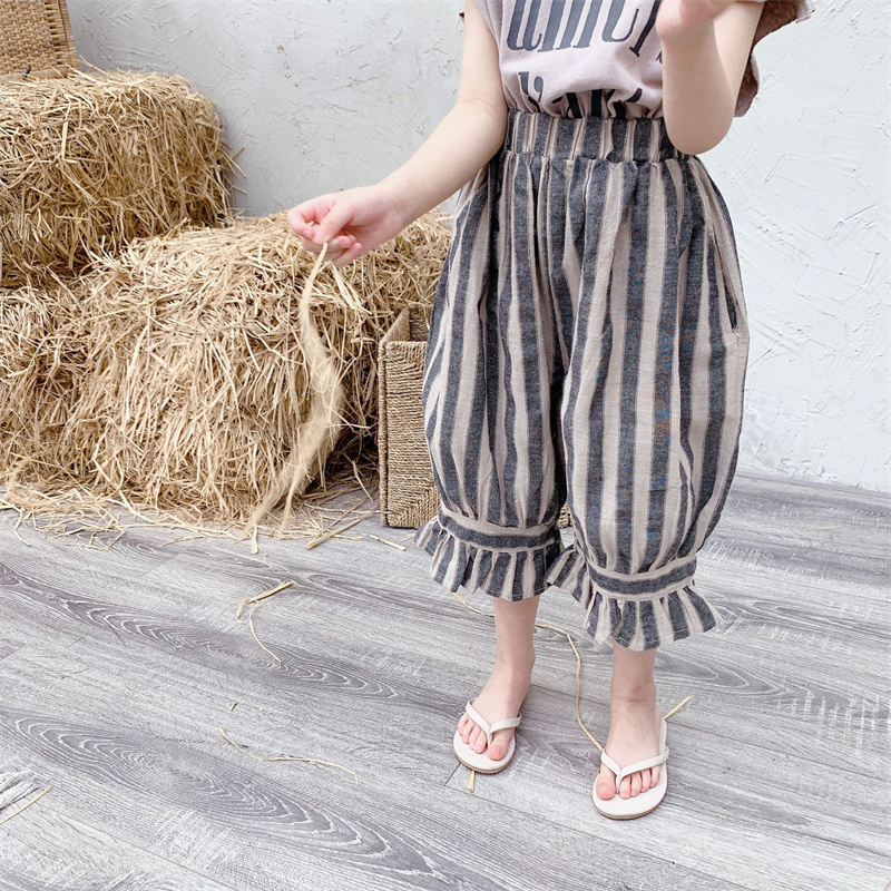 ガールズカジュアルパンツ ズボン 韓国の子供服 縞 クロップドパンツ 夏服 薄い 子供用パンツ