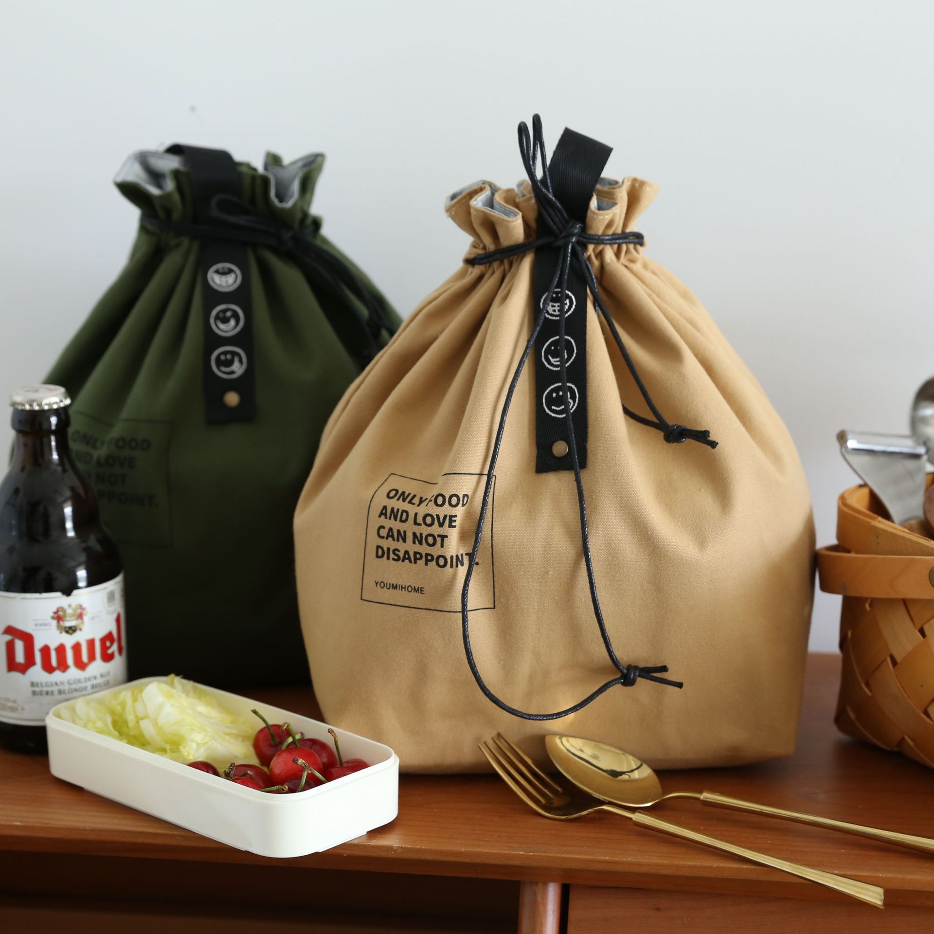 シンプルな拘束口リボン断熱ミールバッグ和綿・麻工業風キャンバスピクニックランチバッグ