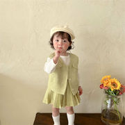 3点セット長袖ボトミングシャツ ストラップドレス グリーンベスト ファッション 韓国子供服
