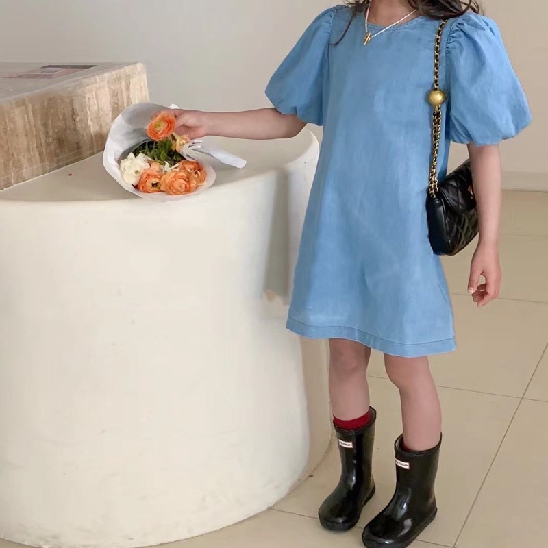 【秋新作】韓国風子供服 ベビー服 女の子  デニムワンピース　パフスリーブ