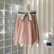 ニットトップス　セーター　蝶結び　オフショルダー　韓国ファッション　レディース　デザイン