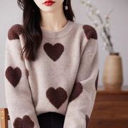 ニットトップス　ハート柄ニットセーター　韓国ファッション　レディース　ゆったり　4colors