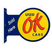 USED CAR OK ラウンド フランジ サイン 看板 メタル ブリキ 垂直 壁面 店舗 アドバタイジング