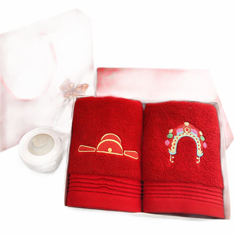 卸売カップル刺繍入り赤いタオル綿ウェディングタオル結婚式のお返しギフトに伴うお土産赤いタオルギフトボ