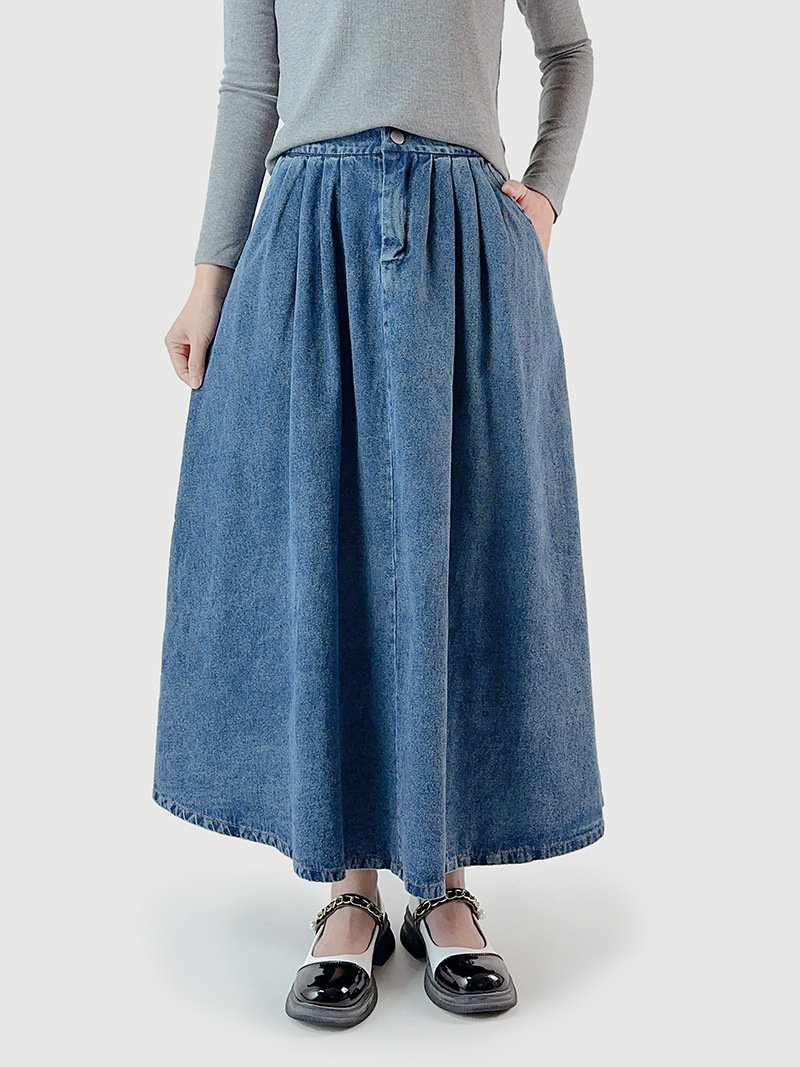 デニムスカート　ロングスカート　デザイン　着痩せ　韓国ファッション　2colors　