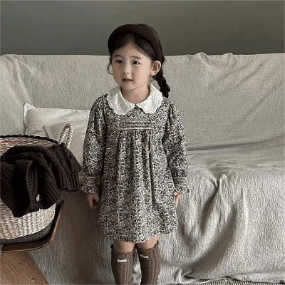秋冬新作 韓国風子供服 3-8歳女の子 ワンピース ワンピ 花柄 ボタニカル 刺繍襟 シフトドレス 90-140cm