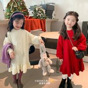 秋冬新作   韓国風子供服     ニット  ワンピース  ホワイト / レッド  長袖  2色