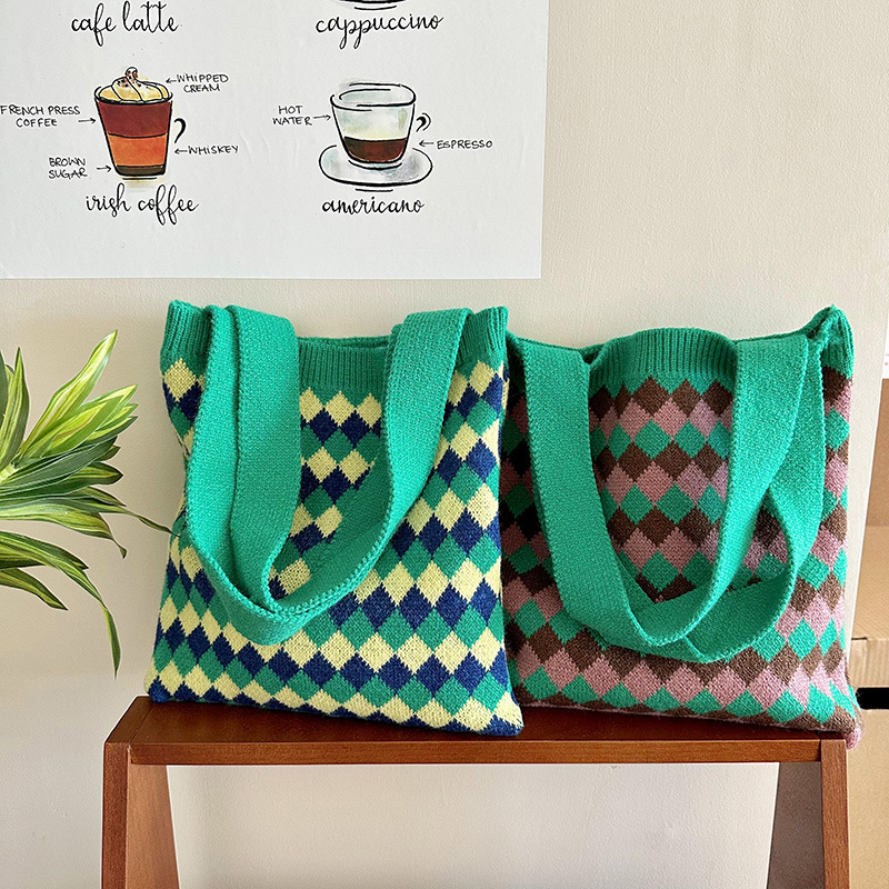 ☆全7色☆ ニットバッグ 30*29cm チェック柄トートバッグ 韓国