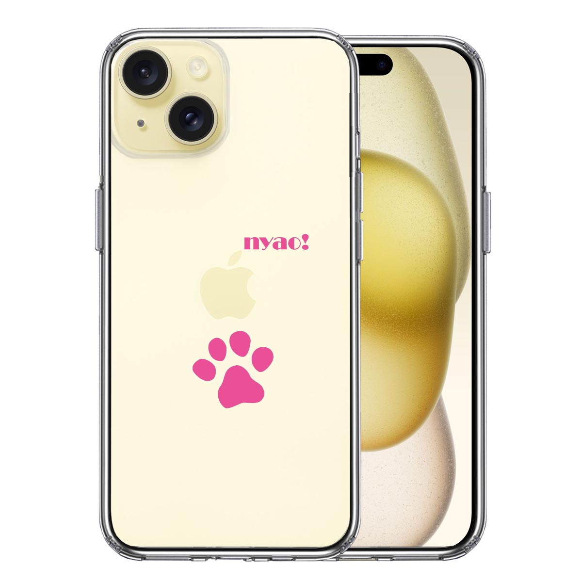iPhone15 側面ソフト 背面ハード ハイブリッド クリア ケース ねこ 猫 足跡 ピンク