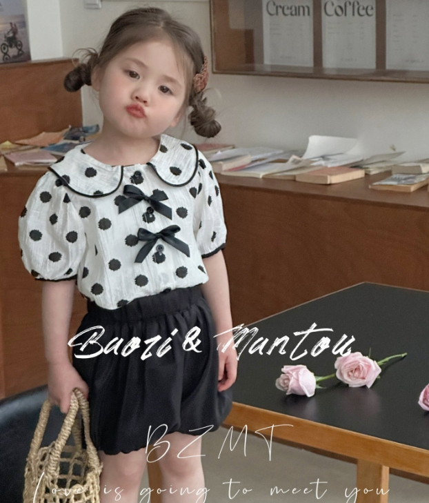 2024 ins  韓国風子供服 ドット   Tシャツ+ショートパンツ    セットアップ  女の子