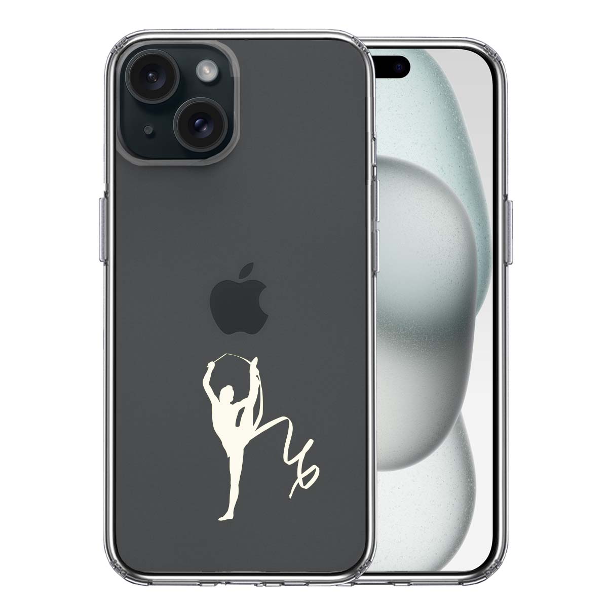 iPhone15 側面ソフト 背面ハード ハイブリッド クリア ケース 新体操 リボン ホワイト