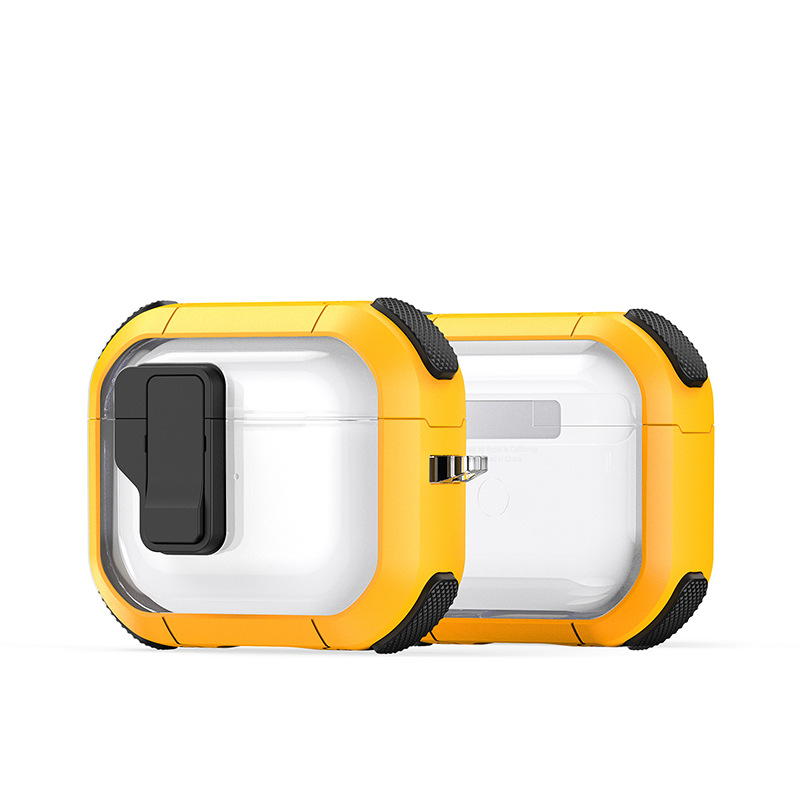 イヤホンケース Airpods 落下防止 全面保護 耐衝撃 カラビナ付き 自動ボタン LED可視 TPU素材 黄身色