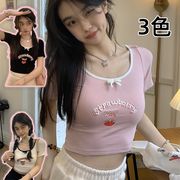 3色 かわいい  蝶結び  イチゴ  いちご 柄 半袖  韓国ファッション  レディース 少女 半袖 Tシャツ  S-XL