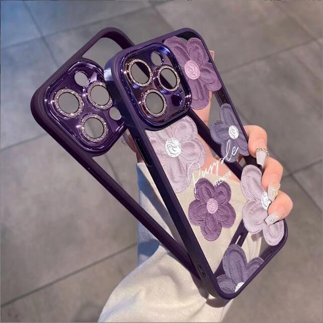 紫色油絵花適用アップル15 promax携帯ケース iphone 13 -13 proレンズフィルム付き 5色