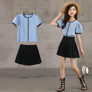 韓国風子供服、女の子、夏服、格子縞シャツ、プリーツスカート、 2点セット
