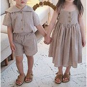 子供服　可愛い　チェック柄　ワンピース　半袖+ショートパンツ　セットアップ　80-130CM　選べる2種
