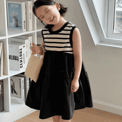 春夏 韓国風子供服 3-8歳ガール シフトドレス ボーダー柄 重ね着風スカート ワンピース ワンピ 5-13
