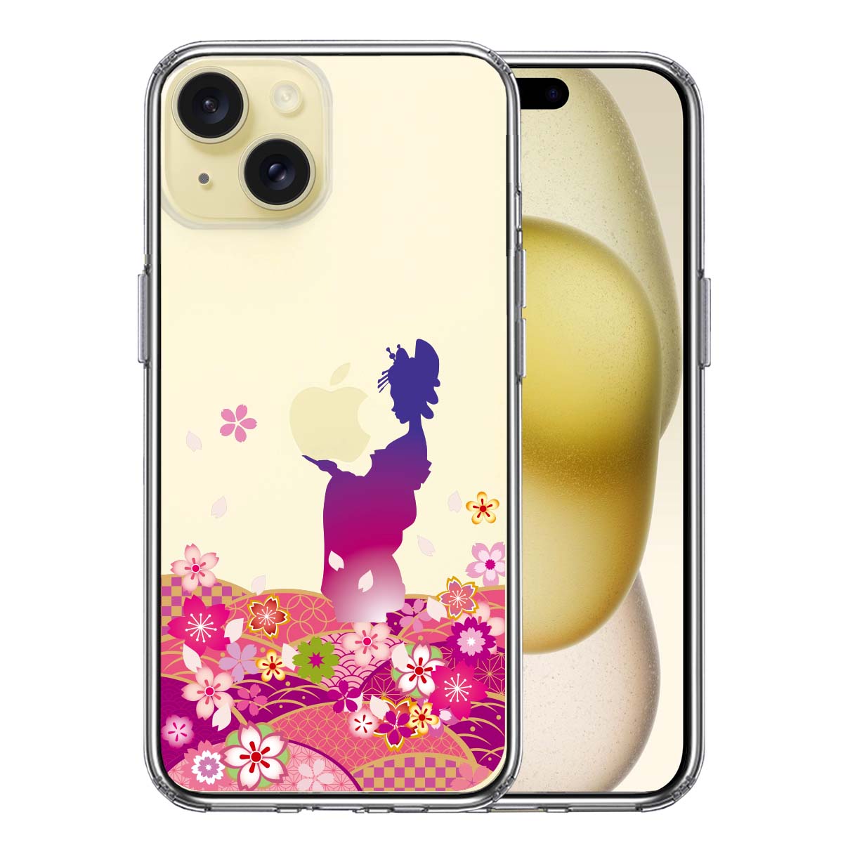 iPhone15 側面ソフト 背面ハード ハイブリッド クリア ケース 日本女性 着物少女 青紫