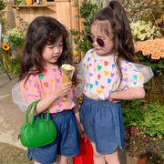 子供用Tシャツ、2024年夏の新しい韓国スタイルの女の子の半袖、ハート柄半袖、パフスリーブ+チュール