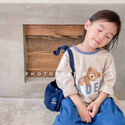 2024年秋の子供服の新しいTシャツ、子供用の韓国の秋のTシャツ、子供の長袖クマ柄ボトミングシャツ