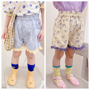 韓国の子供服、2024年夏の新しい女の子の韓国版リネンコットンショーツ、花柄、菌形のズボンショーツ